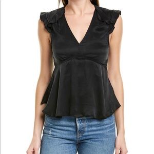 Short sleeve ruffle satin black top